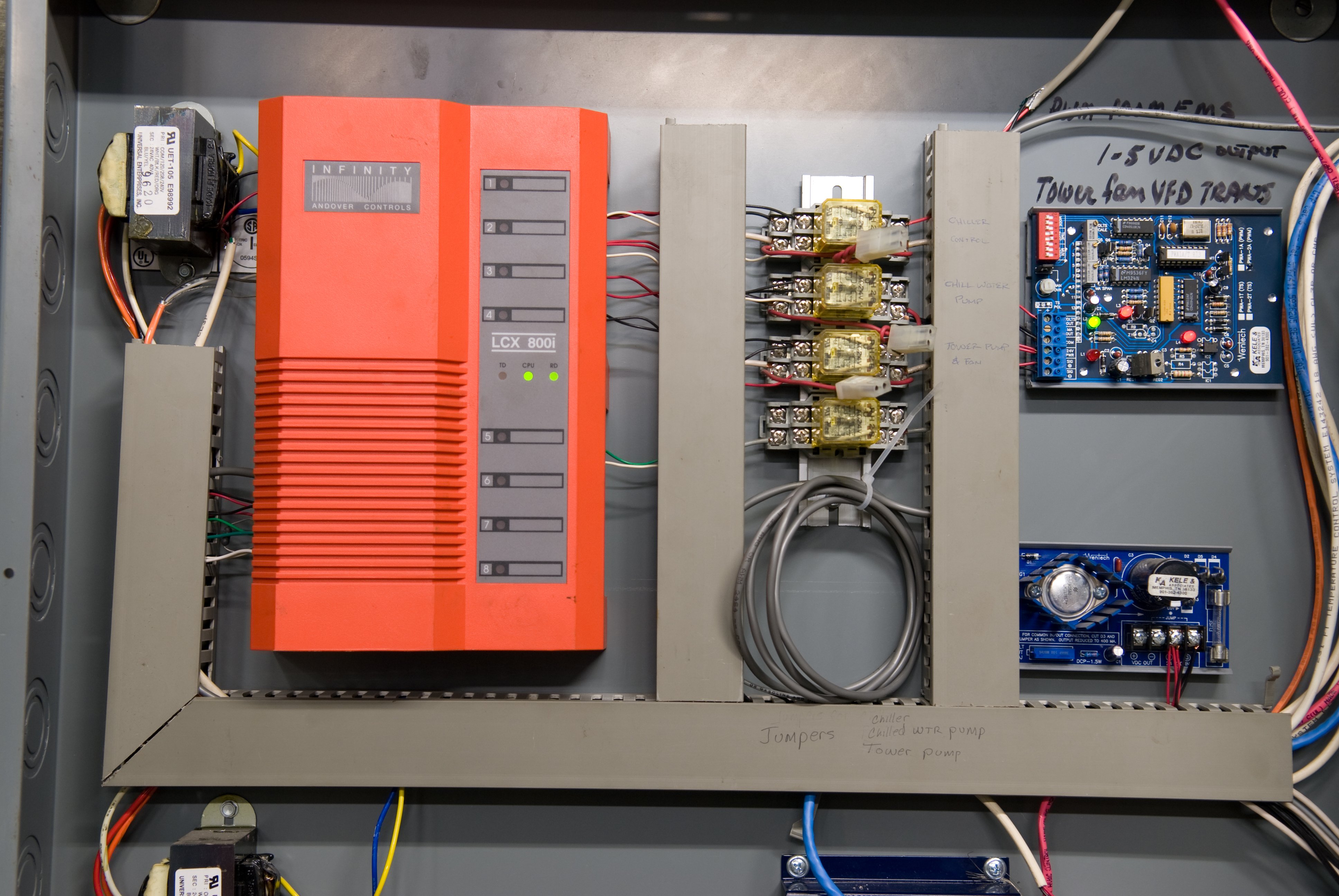 Building automation and controls panel with integrated relays, controllers, and HVAC system components.