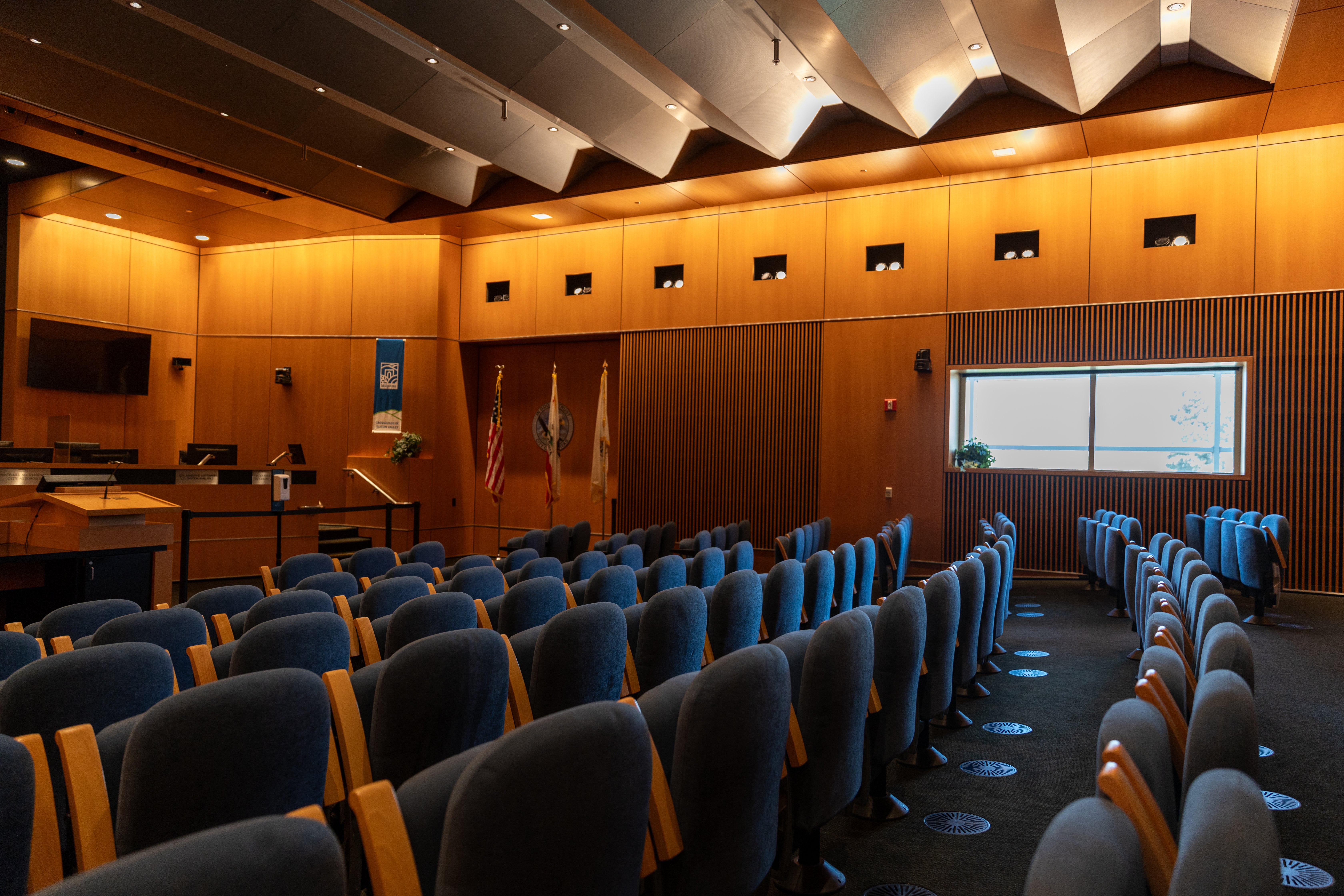 Energy-efficient LED lighting installed in a public assembly space to improve occupant comfort and reduce operating costs.
