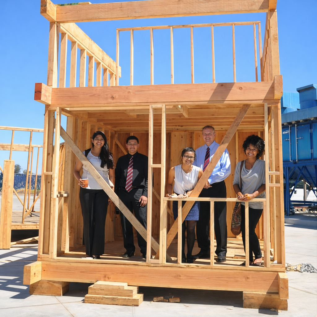 Hartnell College students and staff standing inside a student-built wooden structure, highlighting hands-on learning and community engagement initiatives on campus.