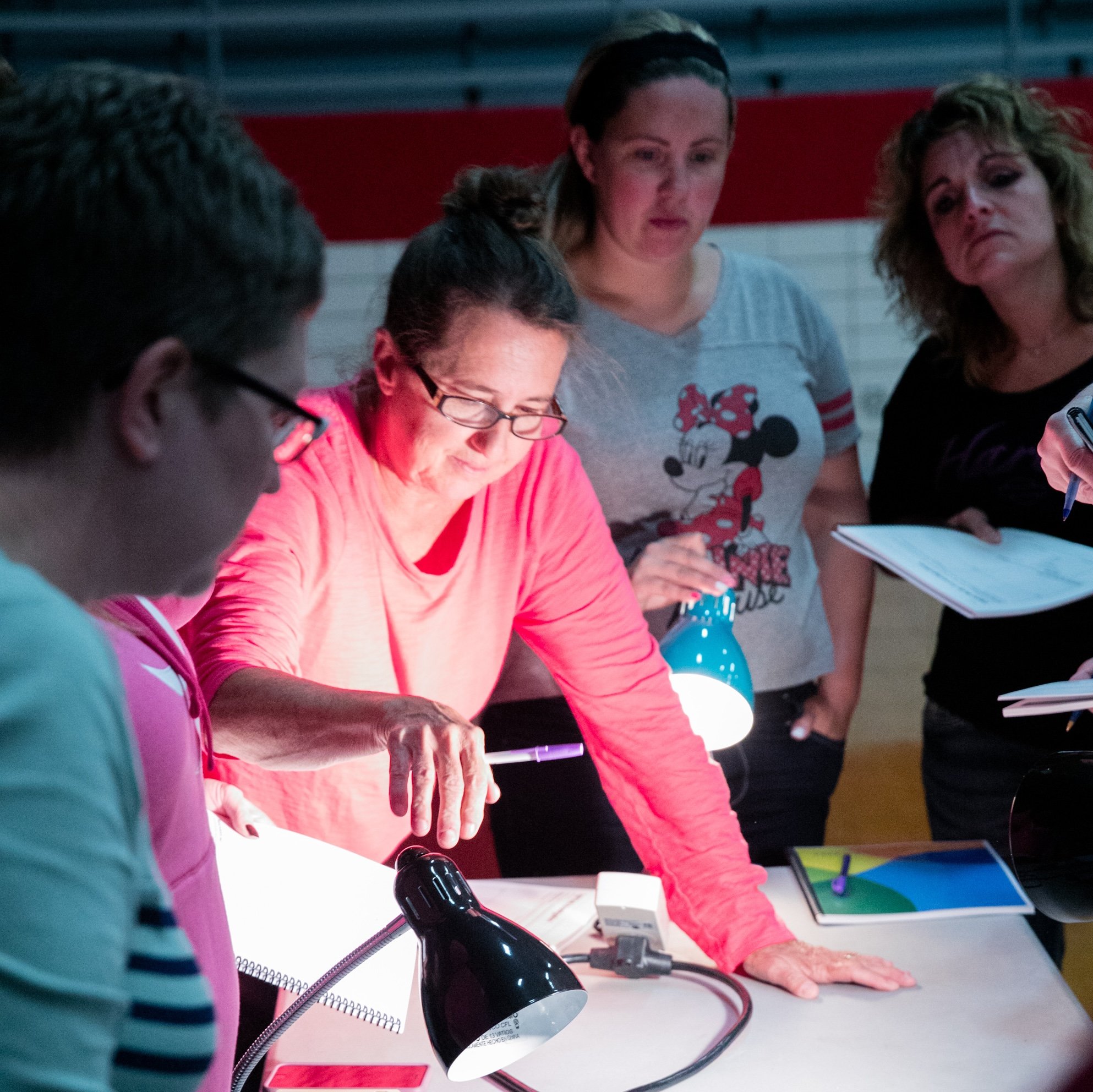 Teachers from Momence CUSD 1 participate in a hands-on professional development session, gathered around a table with instructional materials and task lighting.