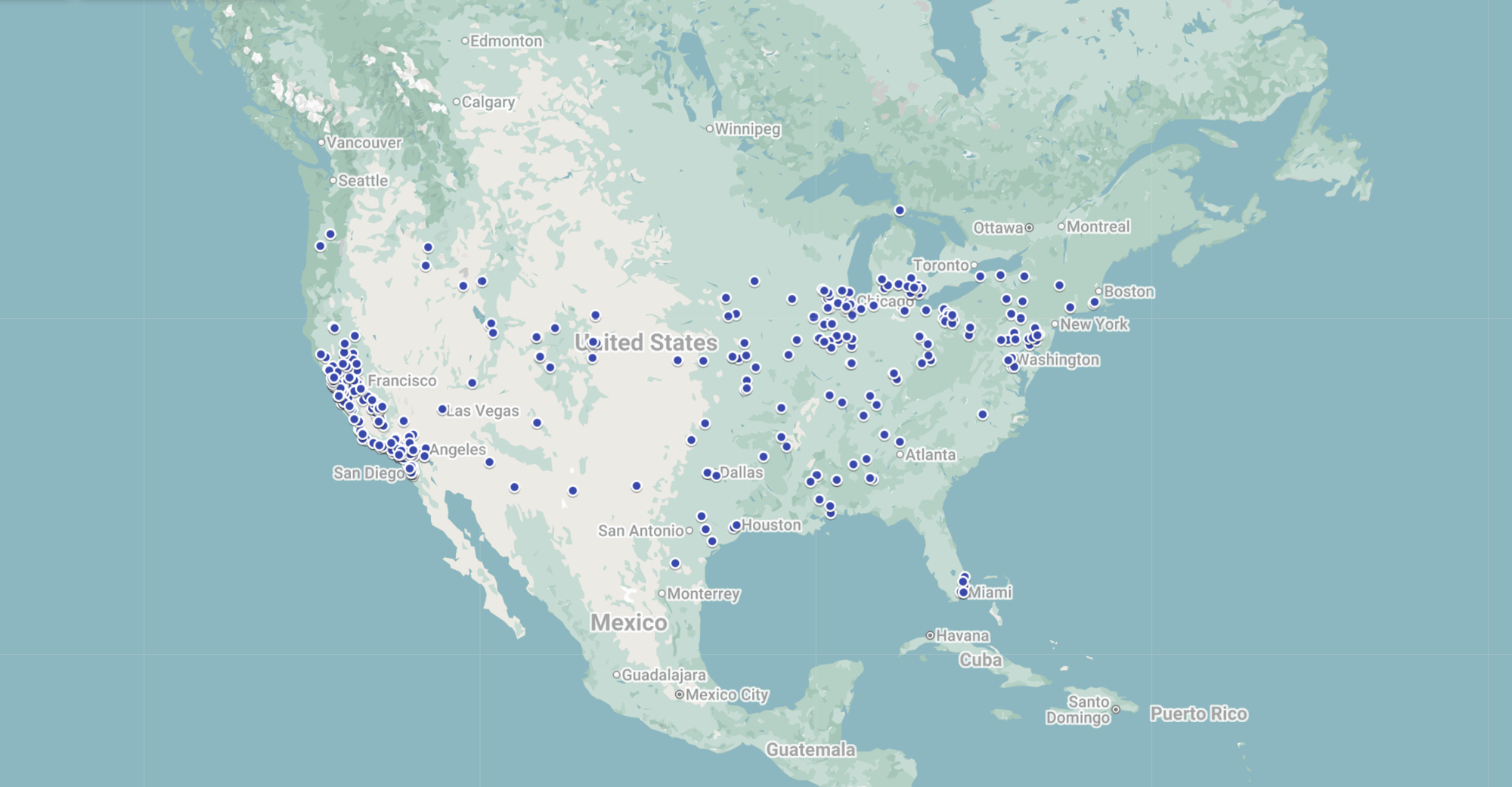 Map of the United States showing OPTERRA customer locations, with markers distributed nationwide and the highest concentration across the Midwest, Great Lakes, and Eastern United States.