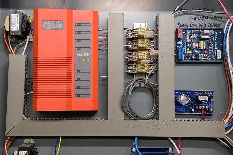 Building automation and controls panel with integrated relays, controllers, and HVAC system components.