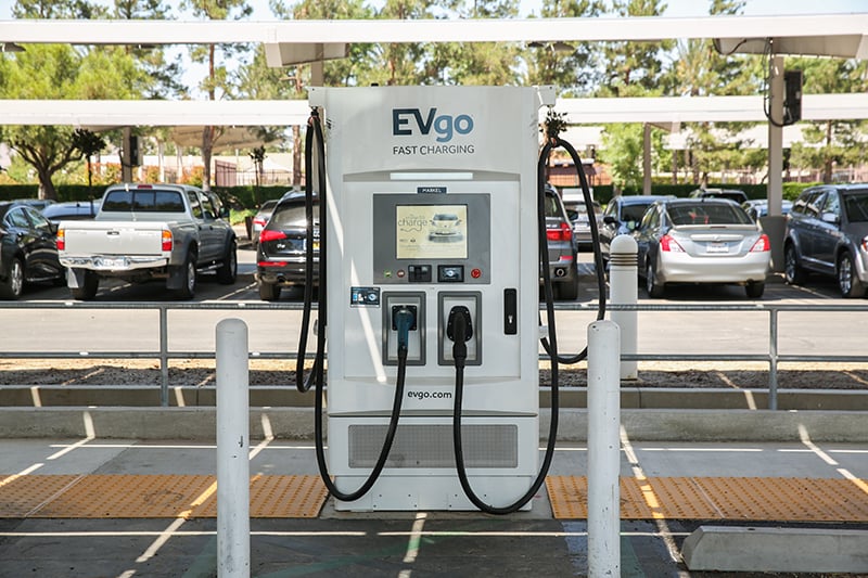 Electric vehicle charging station supporting fleet and public EV charging as part of sustainable transportation infrastructure.