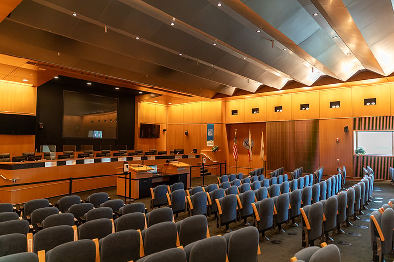 Energy-efficient LED lighting installed in a public assembly space to improve occupant comfort and reduce operating costs.