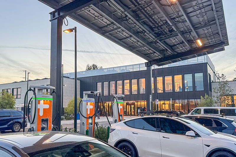 Solar-powered EV charging infrastructure supporting clean transportation and on-site renewable energy generation.