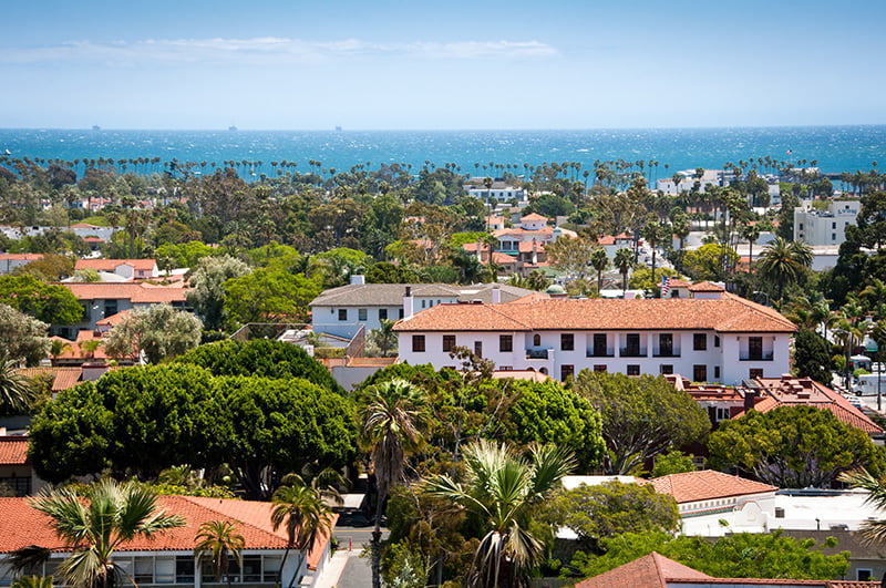 Aerial view of Santa Barbara buildings and infrastructure.