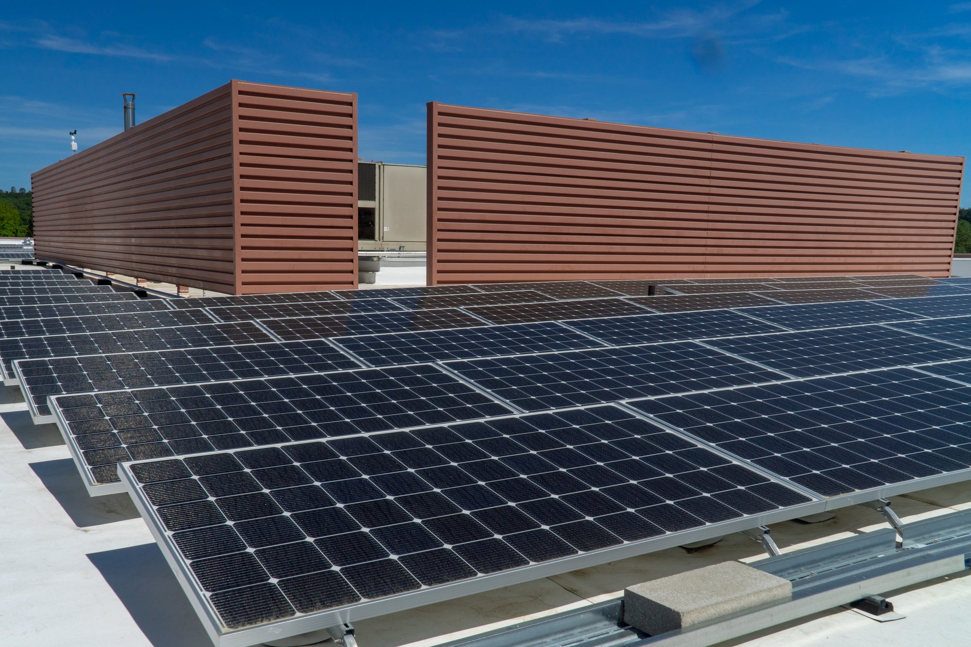 Rooftop solar array installed at a healthcare facility, generating on-site renewable energy to support reliable operations and reduce long-term energy costs.