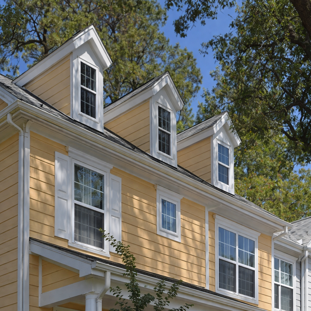 Row of newly renovated yellow townhomes with dormer windows, white trim, and covered front porches, surrounded by mature trees and landscaped greenery in a military housing community.