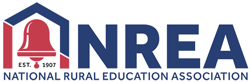 National Rural Education Association (NREA) logo in blue and red with house-shaped emblem.